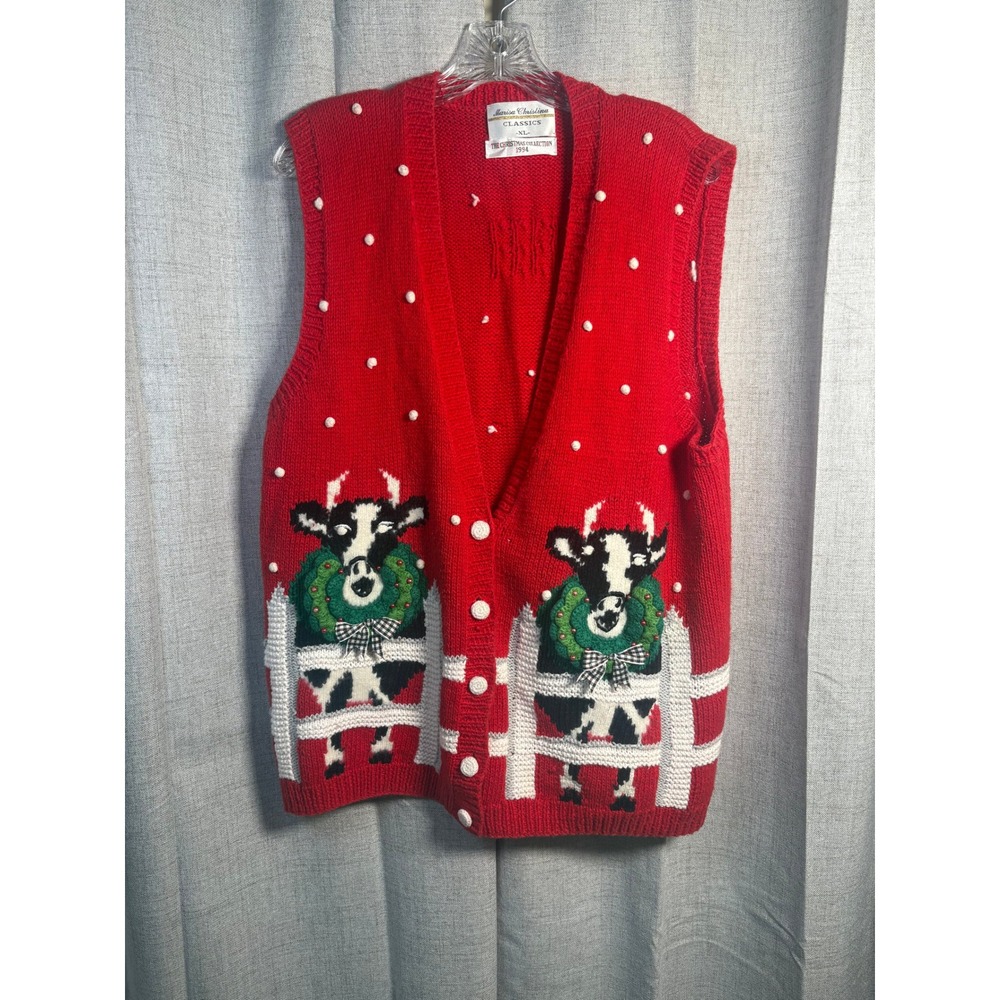Marisa Christina Classics 1994 Christmas Cow Wreath Sweater Vest Red XL Vintage